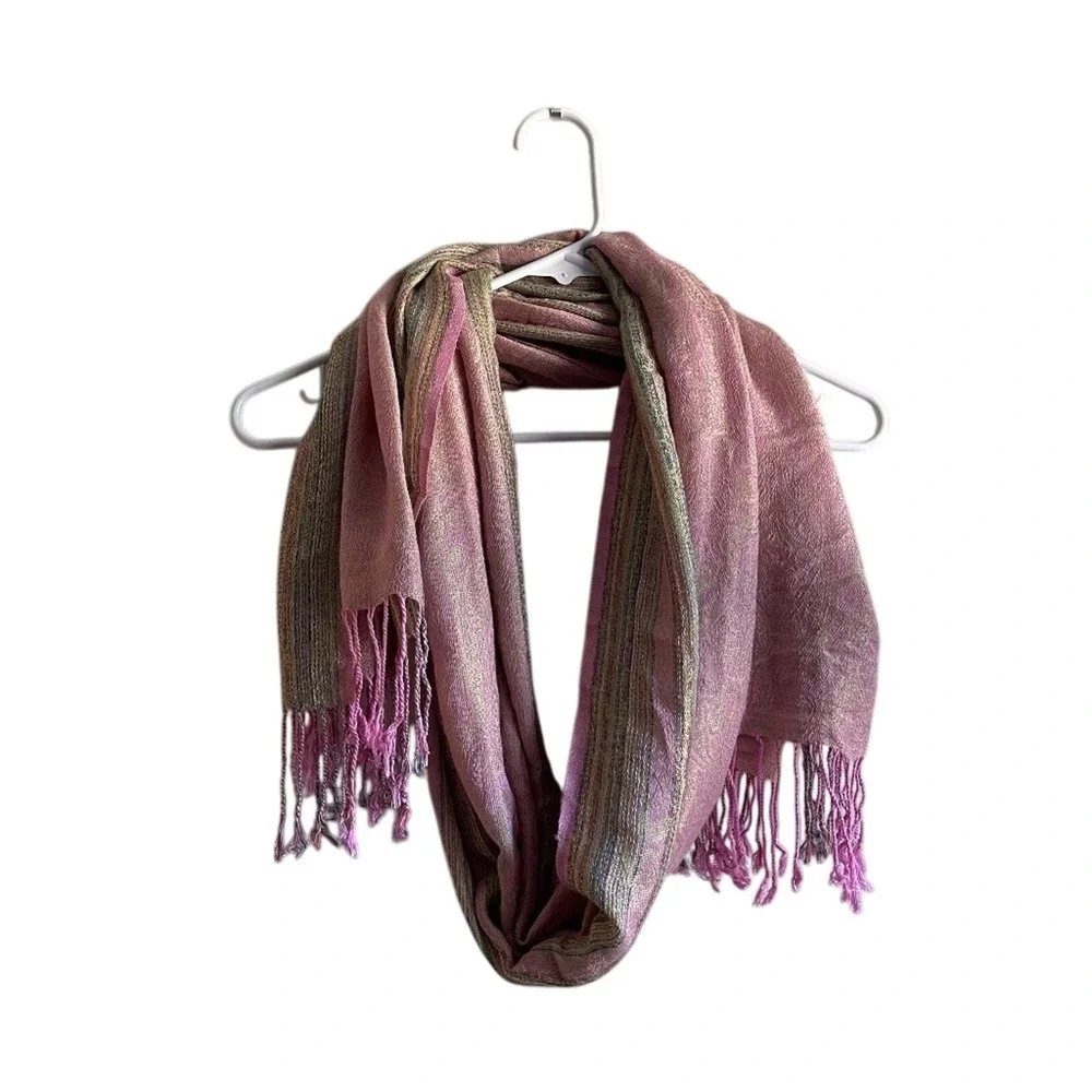 Tulip Pashmina Cashmere Silk Scarf OS Pink Green Womens Handwoven Paisley